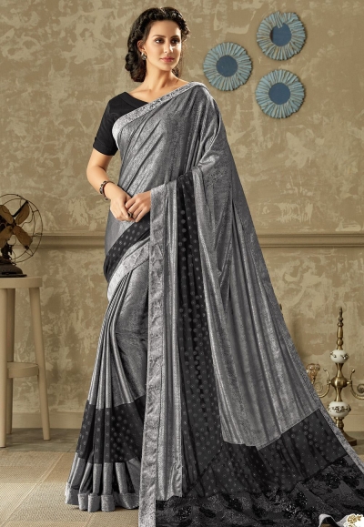 grey black embroidered lycra saree with dupion silk blouse 10708