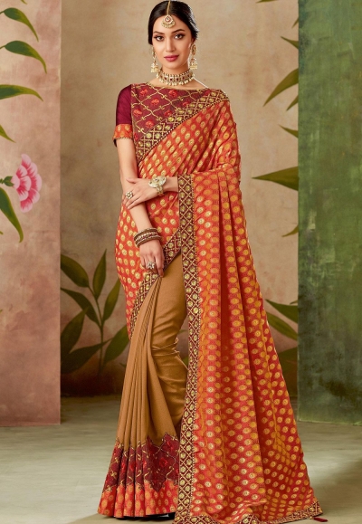 multi color silk embroidery saree with raw silk blouse 13116