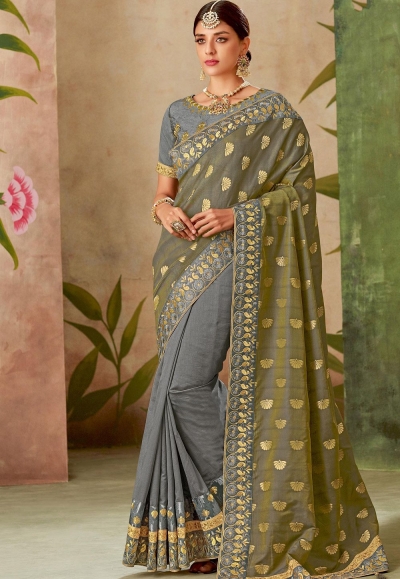 grey silk embroidery saree with raw silk blouse 13115