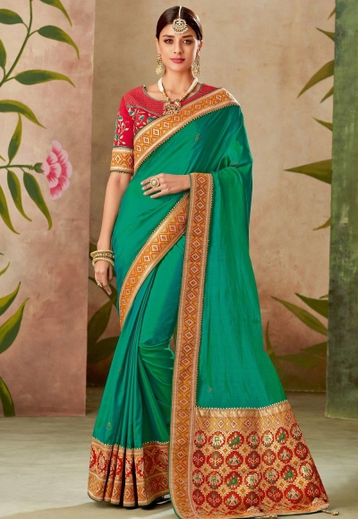 green dual tone silk embroidery saree with raw silk blouse 13113