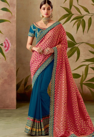 pink and blue silk embroidery saree with raw silk blouse 13109