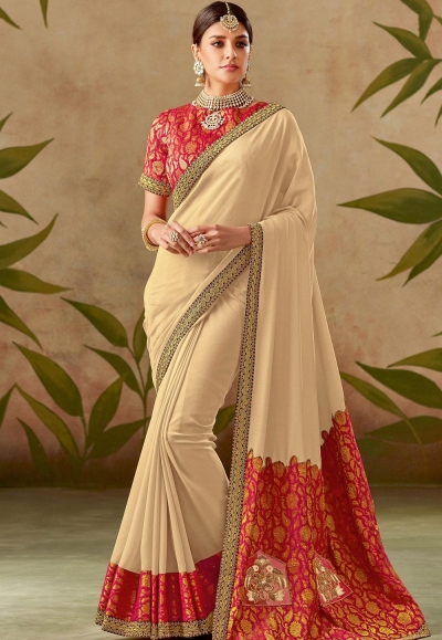 beige silk embroidery saree with brocade blouse 13108