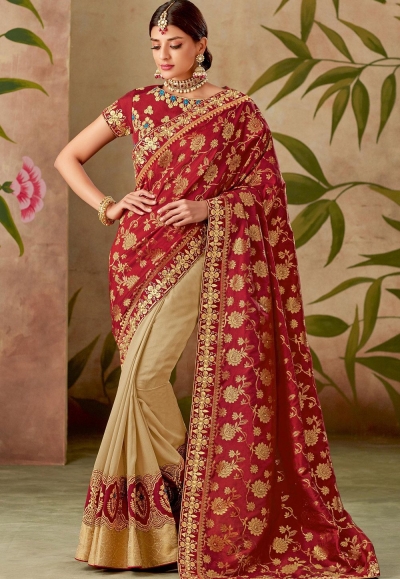 red beige silk embroidery saree with raw silk blouse 13104