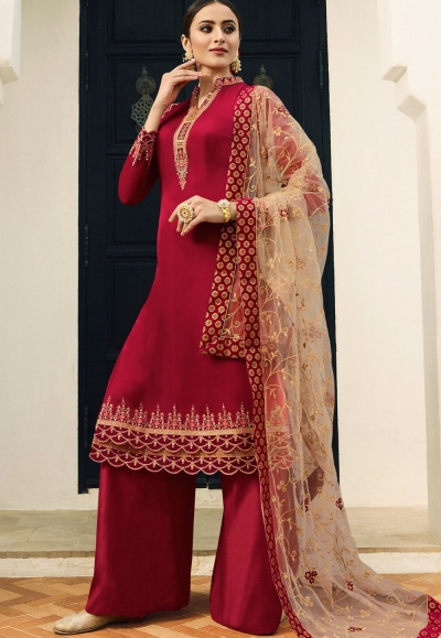 red satin georgette embroidered palazzo style pakistani suit 16205