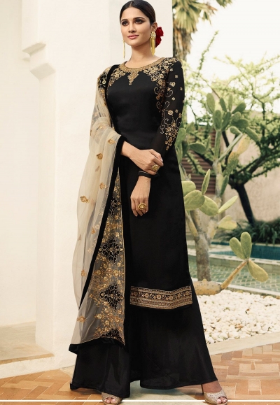 black satin georgette embroidered palazzo style pakistani suit 16204