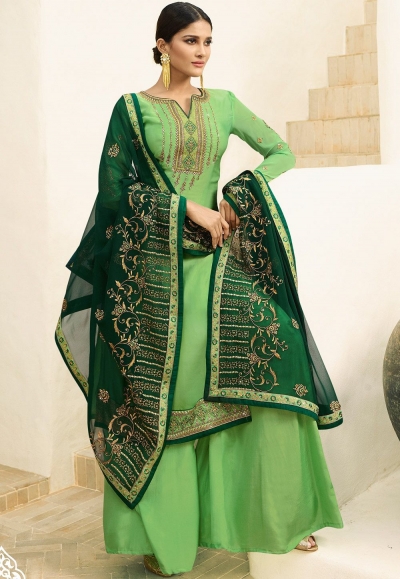 light green satin georgette embroidered sharara style pakistani suit 16203