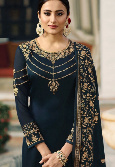 navy blue satin georgette embroidered palazzo style pakistani suit 16202