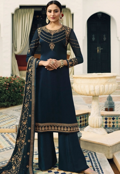 navy blue satin georgette embroidered palazzo style pakistani suit 16202