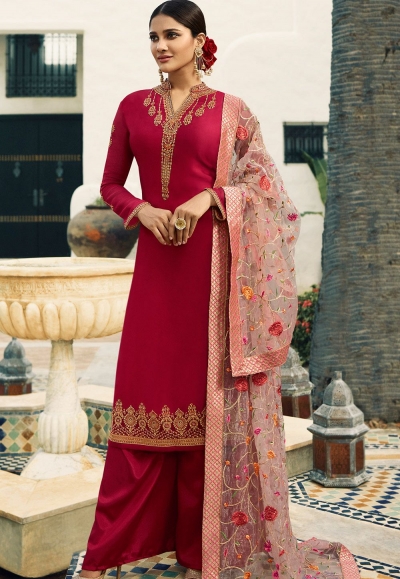 rani pink satin georgette embroidered palazzo style pakistani suit 16201