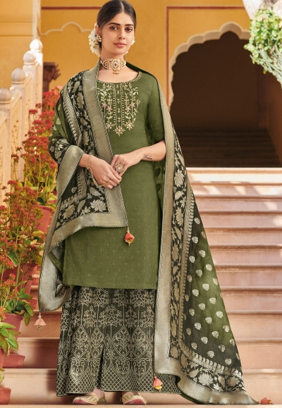 dark green elegant silk embroidered palazzo style pakistani suit 708