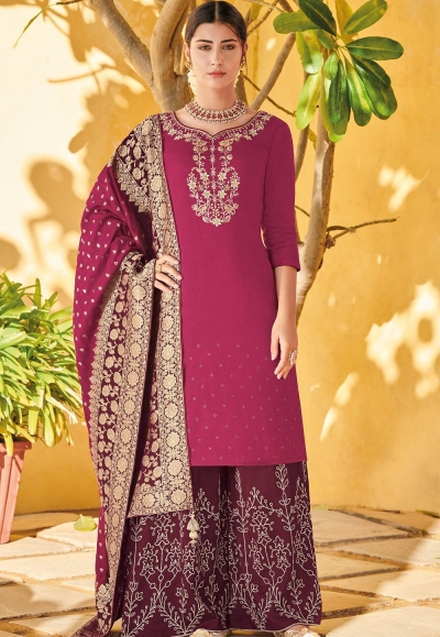 rani pink elegant silk embroidered palazzo style pakistani suit 707