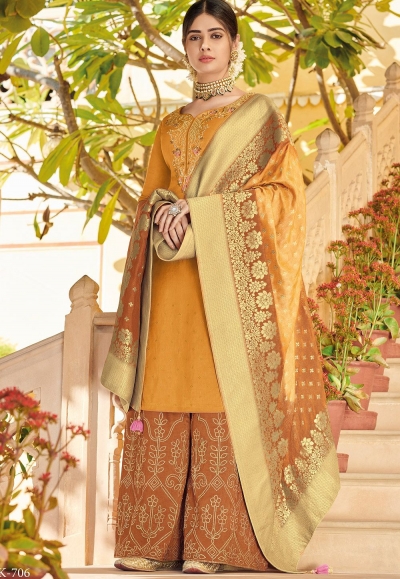 yellow elegant silk embroidered palazzo style pakistani suit 706