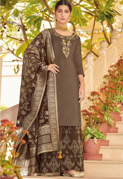 brown elegant silk embroidered palazzo style pakistani suit 705