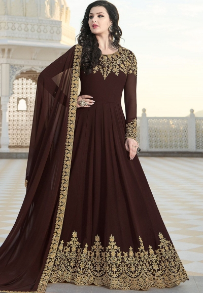 brown georgette floor length embroidered anarkali suit 20040