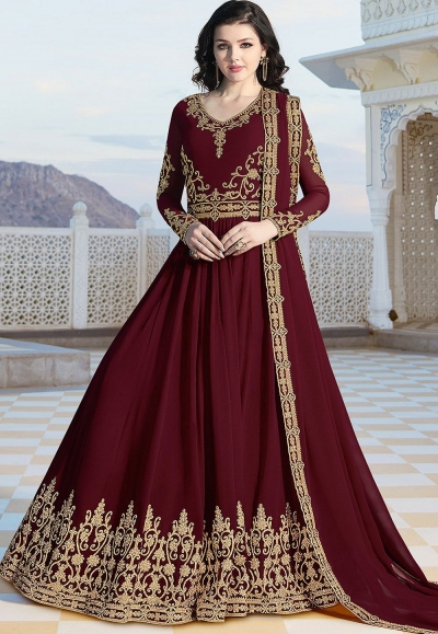 maroon georgette floor length embroidered anarkali suit 20036