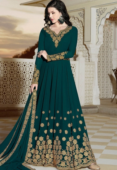 turquoise georgette floor length embroidered anarkali suit 20034