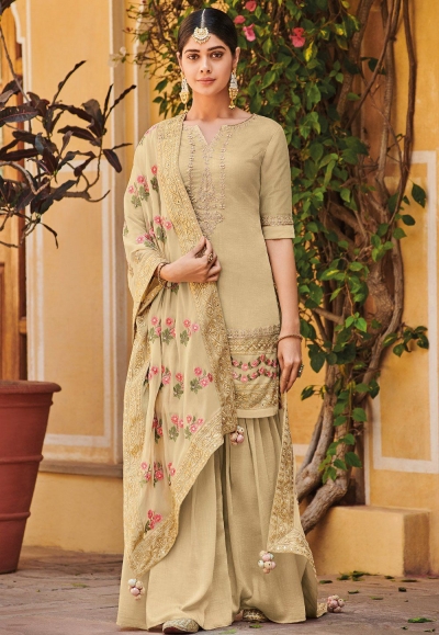 beige silk embroidered palazzo style pakistani suit 56