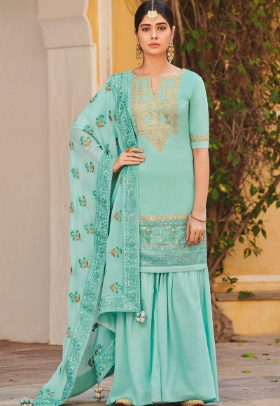 sky blue silk embroidered palazzo style pakistani suit 54