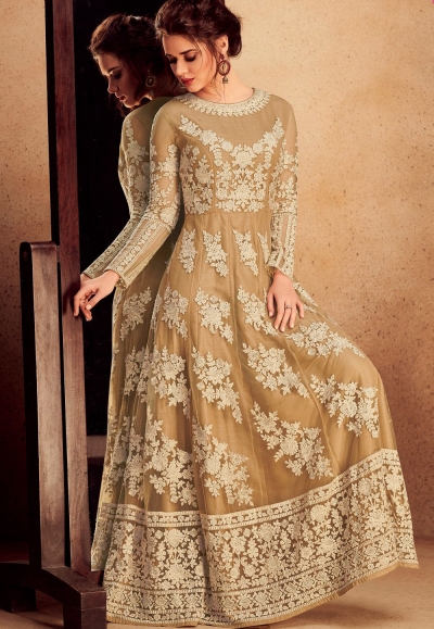 beige silk net resham embroidered long anarkali suit 39004