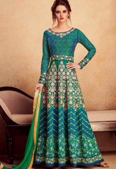 green silk net embroidered long anarkali suit 39003