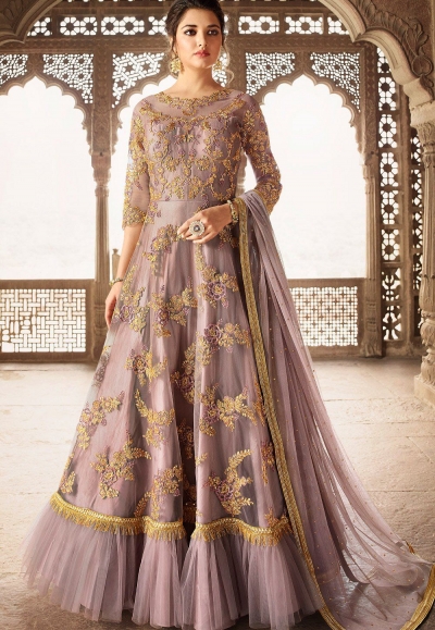 mauve net embroidered floor length anarkali suit 5305