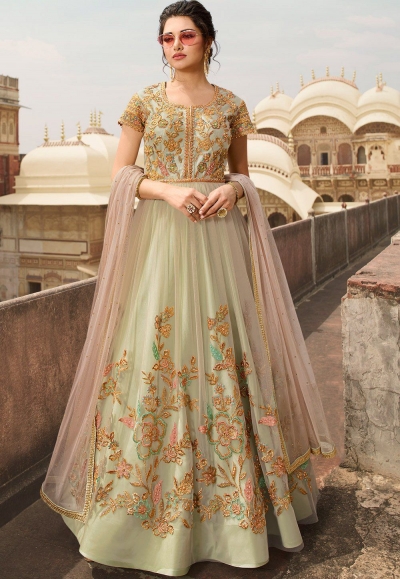 light green net embroidered floor length anarkali suit 5304