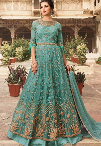 sky blue net embroidered floor length lehenga style anarkali suit 5302