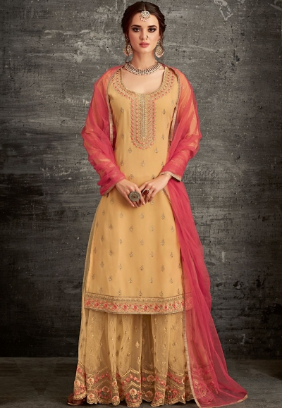 yellow shade georgette embroidered palazzo style pakistani suit 62005