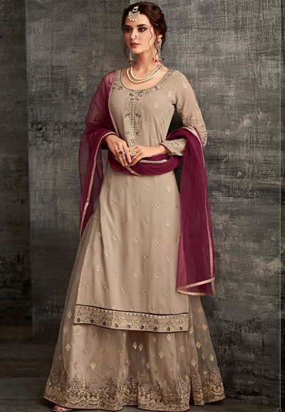 grey georgette embroidered palazzo style pakistani suit 62004