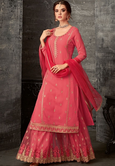 bright pink georgette embroidered palazzo style pakistani suit 62003
