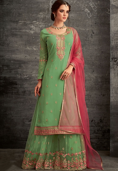 green georgette embroidered palazzo style pakistani suit 62002