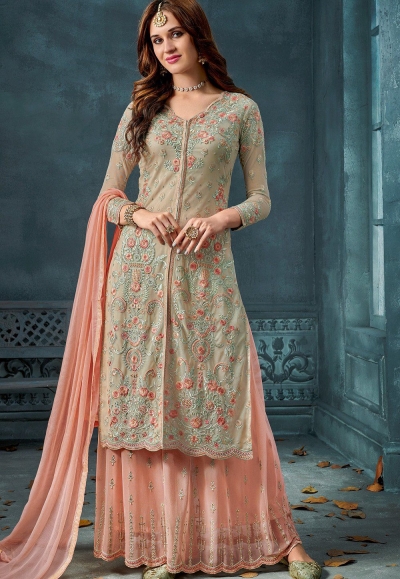 light beige pink net embroidered straight palazzo style suit 806