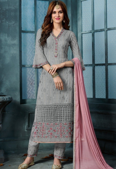 grey georgette embroidered straight trouser style suit 805