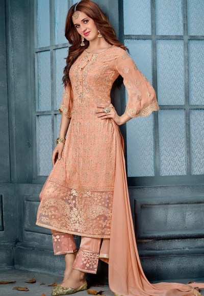 peach georgette embroidered straight trouser style suit 804