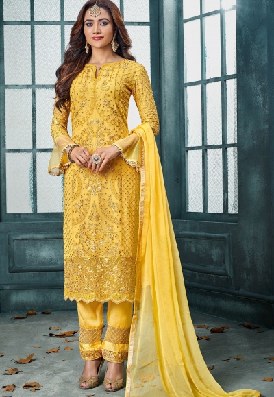 yellow georgette embroidered straight trouser suit 802