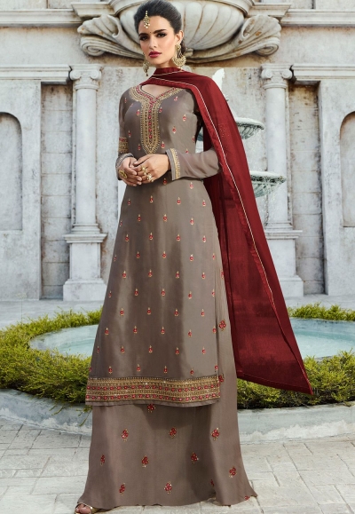 grey satin georgette straight palazzo style suit 16107