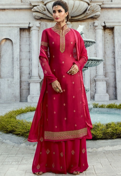 rani pink satin georgette straight palazzo style suit 16106