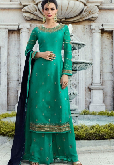 turquoise satin georgette straight palazzo style suit 16105