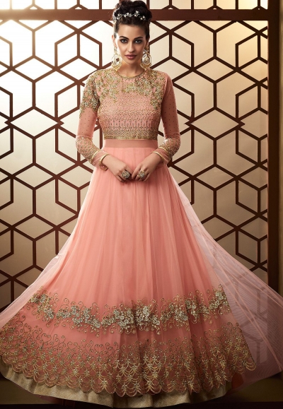 baby pink net embroidered floor length anarkali suit 15009