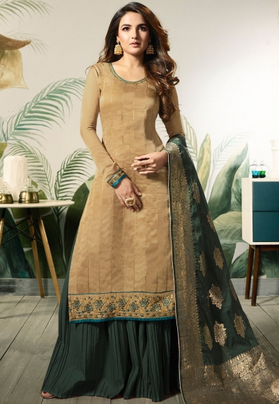 beige green satin silk sharara style pakistani suit 12004