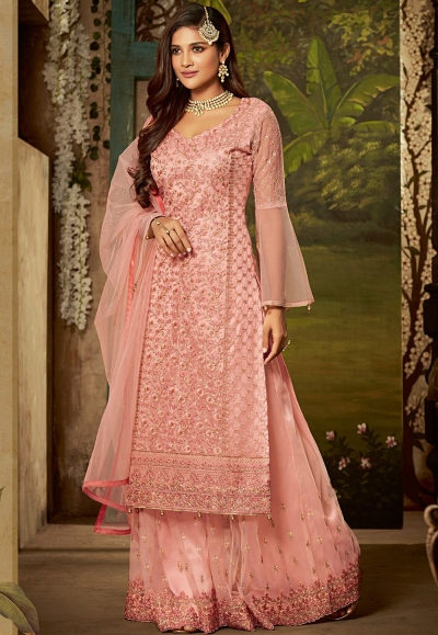 pink net embroidered sharara style pakistani suit 61005