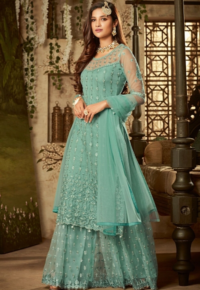 blue shade net embroidered sharara style pakistani suit 61004