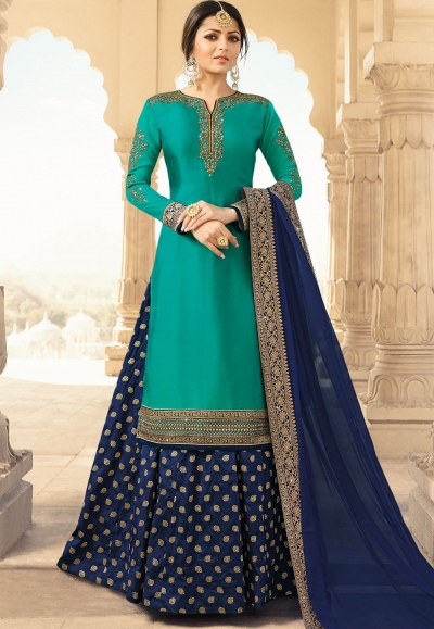 drashti dhami blue satin georgette floor length lehenga style suit 3308