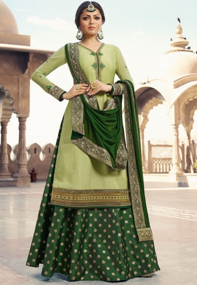 drashti dhami green satin georgette lehenga style suit 3304