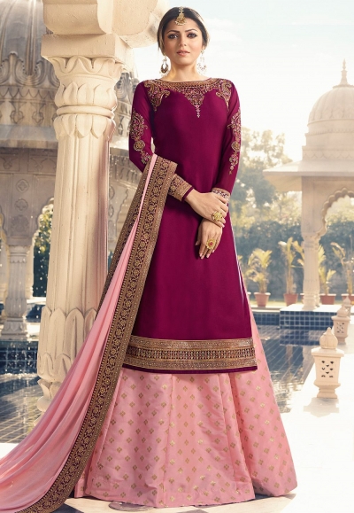 drashti dhami magenta pink satin georgette lehenga style suit 3303