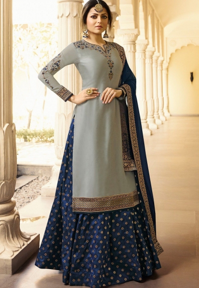 drashti dhami grey blue satin georgette lehenga style suit 3301