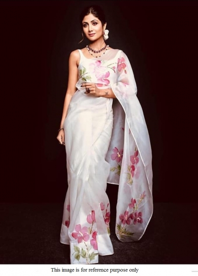 Bollywood Shilpa Shetty Organza white pastel saree