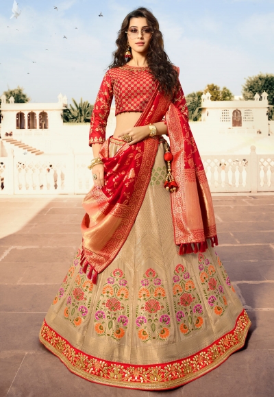 beige silk circular lehenga choli 13246