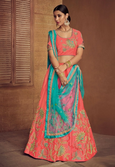 pink silk embroidered lehenga choli 3227