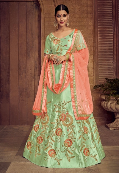 light green silk embroidered lehenga choli 3229